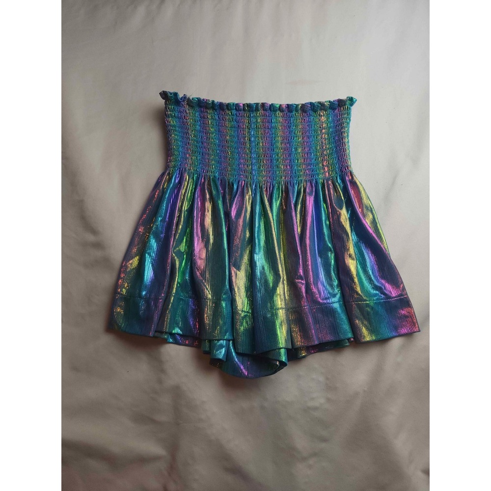 Queen of Sparkles Iridescent Holographic Smocked High Waist Festival Shorts S